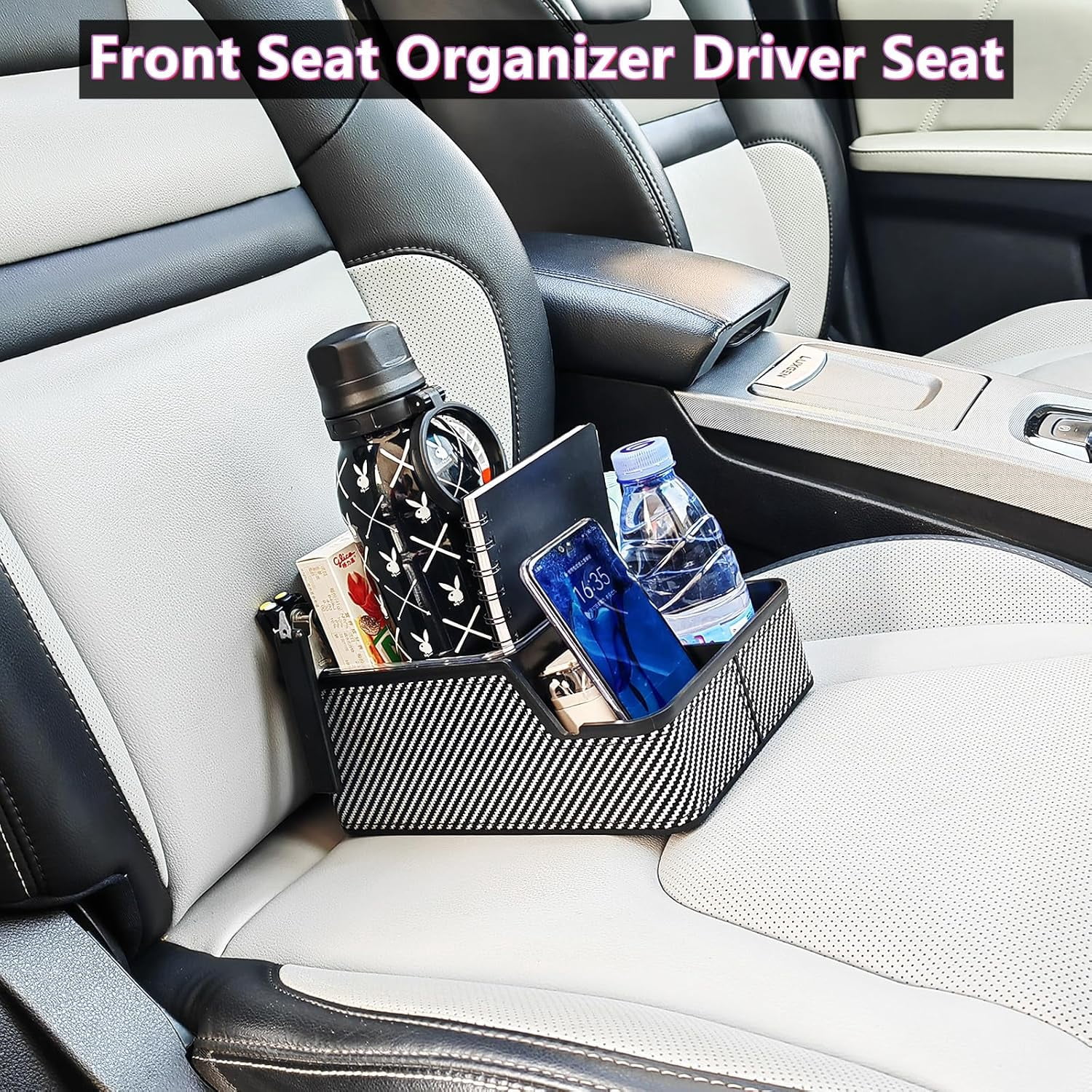 Car Seat Organizer with Compartment,Car Armrest Extra Storage Box Truck Floor Hump Organizer, Front Organizer,Center Console Cup Holder Tray fit for SUVS Pickup (Black)