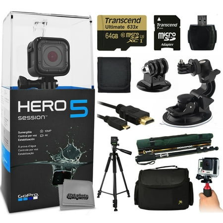 GoPro HERO5 Session CHDHS-501 with 64GB Ultra Memory with MicroSD Reader + Suction Cup Mount + 67" Monopod + 60" Pro Series Tripod + Large Padded Case + Handgrip Stabilizer + HDMI Cable + More