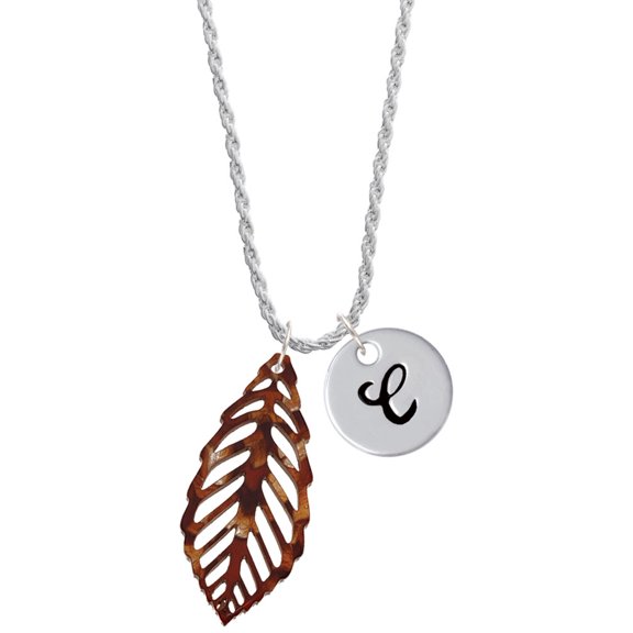 Delight Jewelry Acrylic Large Leaf Pearly Brown Silvertone Script Initial Disc - C - Charm Necklace, 20"+3"