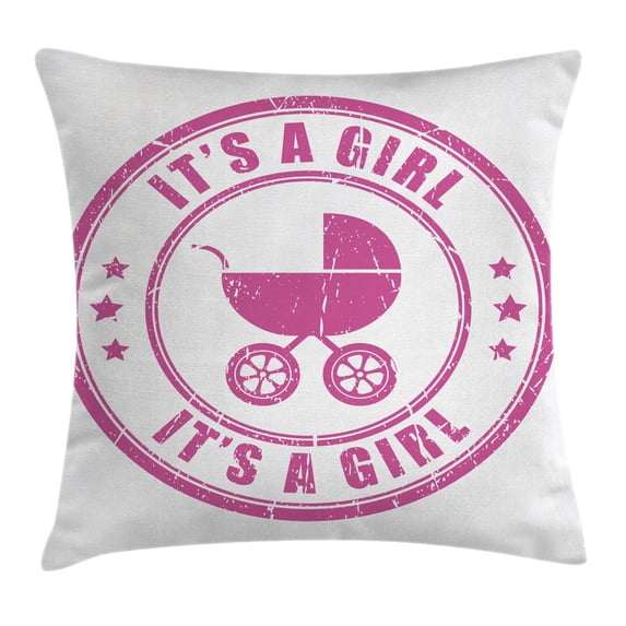 Gender Reveal Decorations Throw Pillow Cushion Cover, Grunge It's A Girl Stamp Baby Carriage Artistic Newborn Icon Image, Decorative Square Accent Pillow Case, 18 X 18 Inches, Fuchsia, by Ambesonne