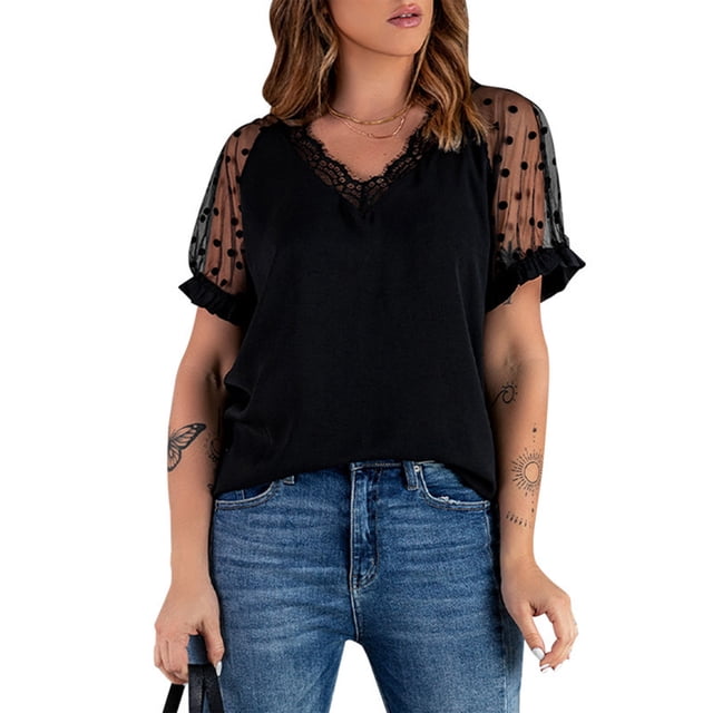 Camisa de manga corta de color liso, camiseta de malla con lunares, manga corta, cuello en V, camisa de encaje con cuello en V, mayor durabilidad