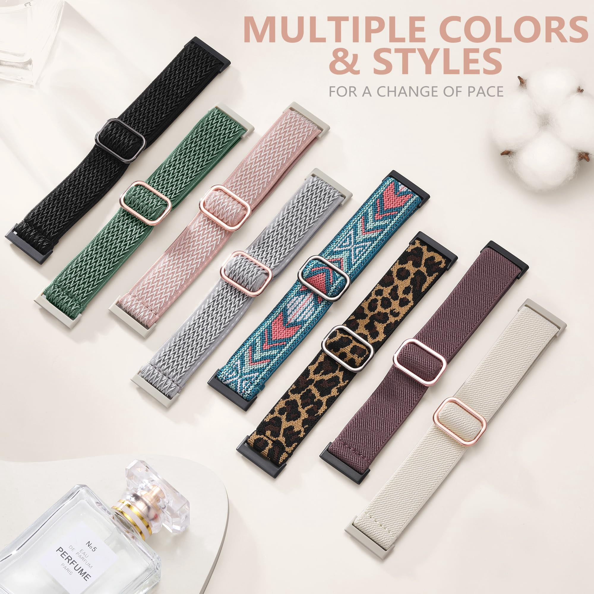 Comvin 15 Pack Elastic Band Compatible with Fitbit Versa 4 Bands for Woman/Sense 2/Sense/Versa 3 Bands, Adjustable Stretchy Nylon Solo Loop Sport Strap for SmartWatch Replacement