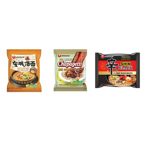 3 Pack Korean NongShim Gourmet Spicy Shin Instant Ramen Noodle, 3 Flavors(Ansung,chapagetti,shin black) Plus NineChef Brand Long Handle Coffee Spoon