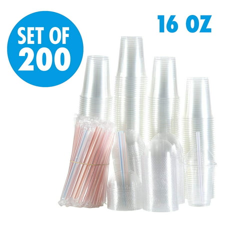 Set of 200 Clear Plastic Cups with Dome Lids, Smoothie Wide Large Straw, Cold Smoothie Iced Coffee Cup with Lids, 12 oz 16oz largest 24oz, Great for Cocktail, Juice, Teas, Clear Frozen Drink