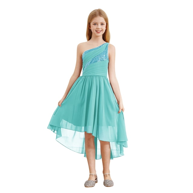 MSemis Robe de Demoiselle d'Honneur Fille Haute Basse Enfants une Épaule Paillettes Chiffon Mariage Concours Robe de Bal Turquoise 14