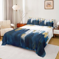Homewish Modern Oil Painting Twin Sheet Sets,Minimalist Abstarct Garffiti Twin Fitted Sheet,Deepblue Gray Gold 03 For Men Women,Breathable Home Decor,3pcs
