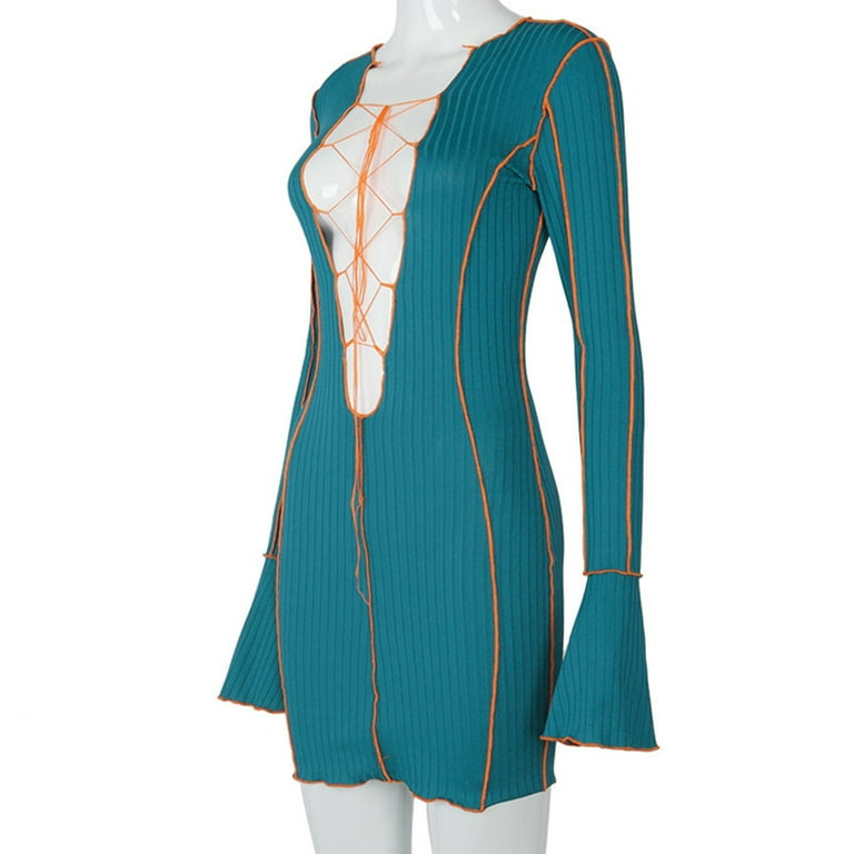 Bouanq Womens Sexy Lace Up Bodycon Dress Ribbed Knit Long Sleeve Mini Dresses Deep V Neck Bandage Hollow Out Clubwear