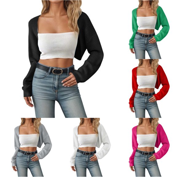 Trendfront Womens Solid Color Knit Shrug Long Sleeve Open Front Cropped Cardigan Lightweight Casual Layering Cover Up Outerwear