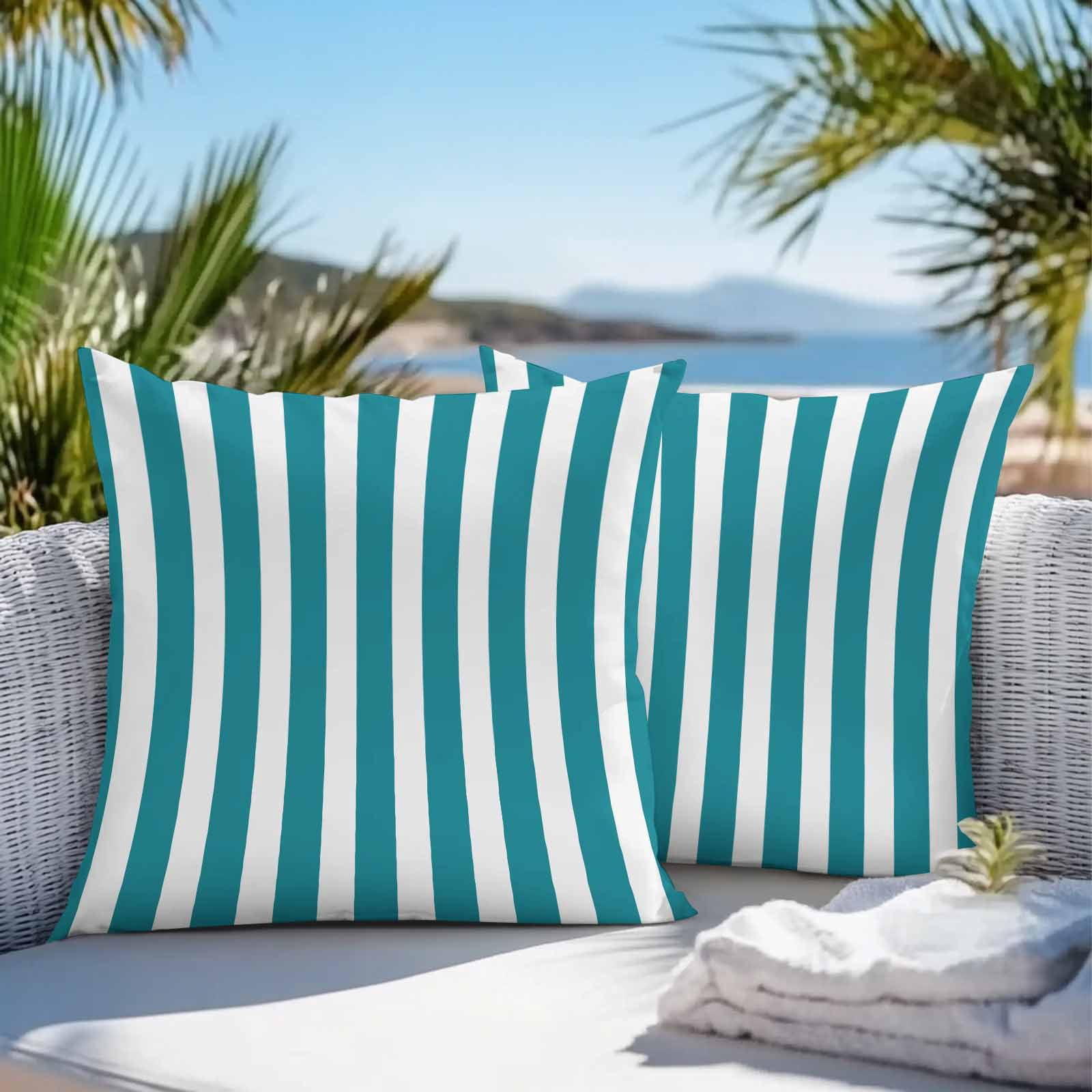 Waterproof Throw Pillow Covers Set of 2, 18x18 Inch Teal Striped Decorative Pillowcases Outdoor Pillow Slip Cushion Covers Set for Couch Tent Simple Art Vertical Stripe Farmhouse