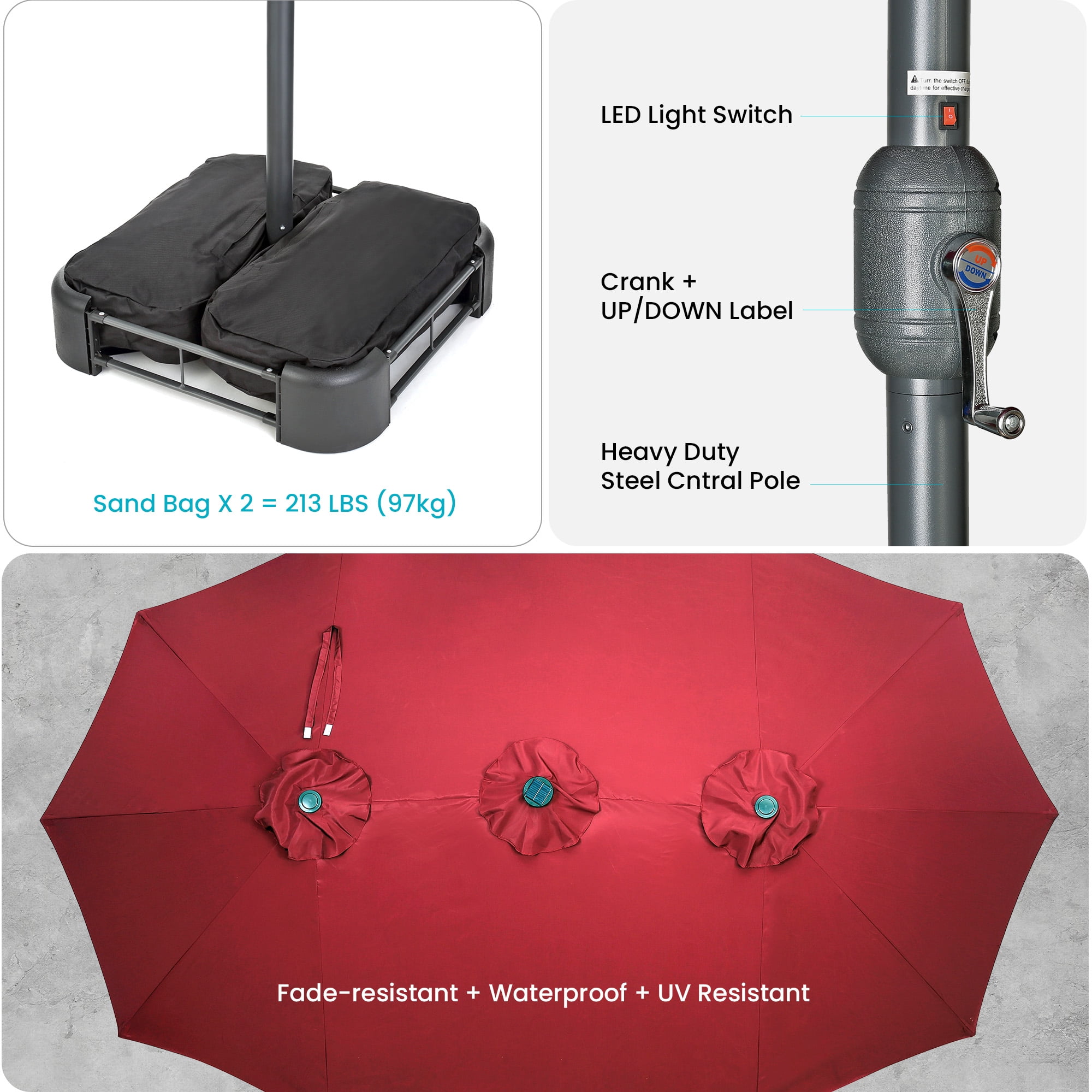 Home Zone Living 15x9 Ft Double Head Patio Umbrella with Base, 36 LED Lights, Sand Bags, UV resistant & Waterproof, 213 LBS Total Weight, Burgundy Red