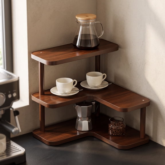 Corner Shelf, 11.8x11 Inch L Shaped Wood and Metal Tiered Organizer, Brown Desktop Storage Rack for Tea Cups, Cosmetics, Kitchen Counter, Office Desk