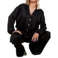 thumbnail image 3 of Sunloudy, ropa informal para mujer, trajes, camisa de satén de manga larga con botones de Color sólido, Tops y pantalones sueltos de pierna ancha con bolsillos Sunloudy  S M L, 3 of 7