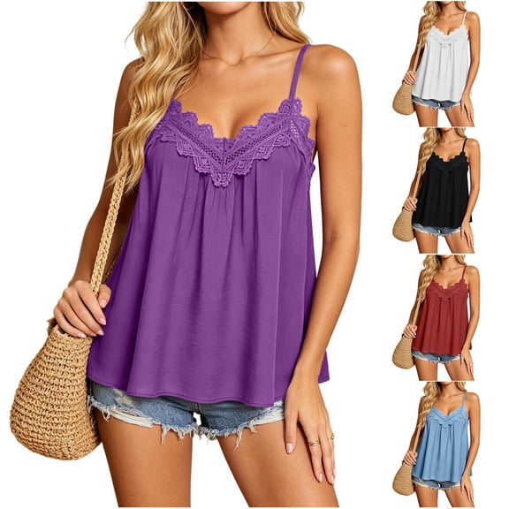 Purcolt Womens Spaghetti Strap Babydoll Tank Top Dressy Casual Pleated Scalloped Lace V Neck Camisole Blouses Summer Flowy Beach Vacation Loose Fit Shirts
