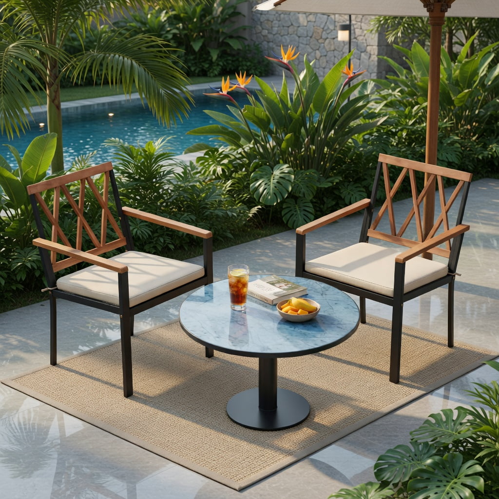 Hommoo 2-Pack Modern Outdoor Dining Chairs with Removable Cushions, Metal Frame & Acacia Wood Backrest – 18" Seat Width, Black & Natural