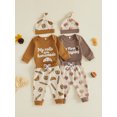 thumbnail image 3 of RUINIXCW Infant Baby Boy Thanksgiving Outfit Fashion Long Sleeve Letters Embroidered Romper with Print Pants, Hat 3Pcs Fall Set, 3 of 9