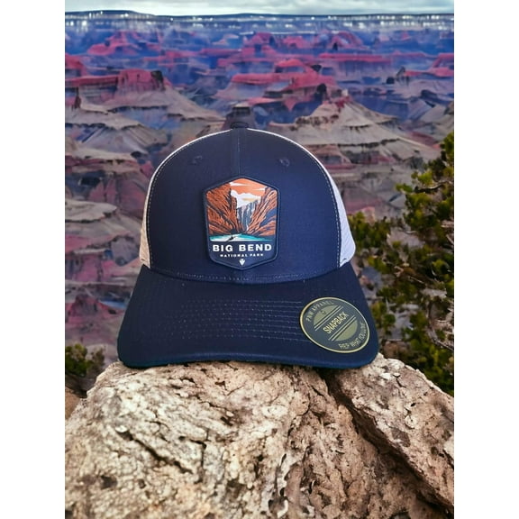Big Bend Snapback Hat National Park Trucker Gifts Patch - Navy Blue on White Mesh