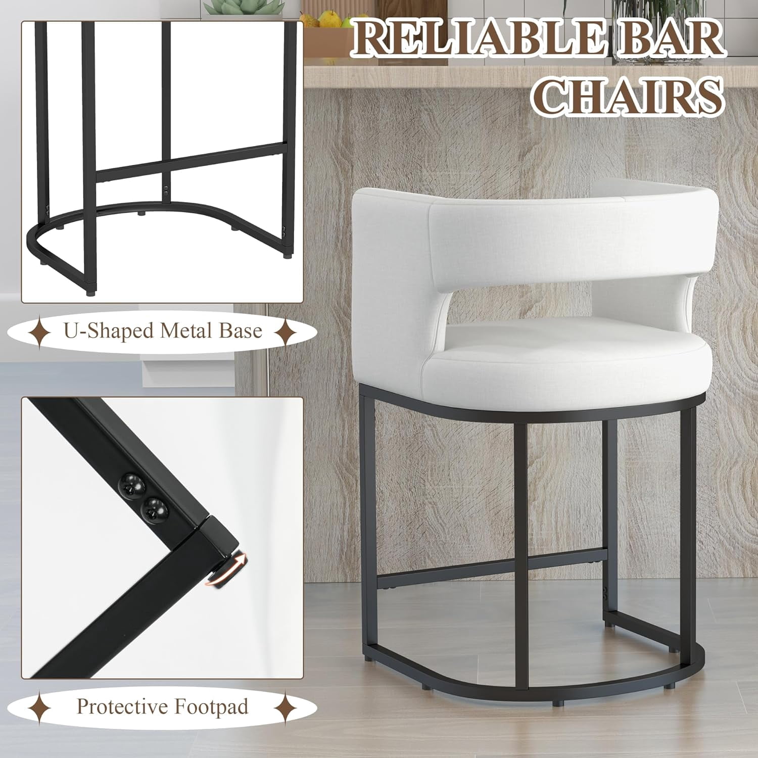 Westice Counter Height Stools Set of 2 for Kitchen Island, 25" Barral Bar Stools with Backrest, Black Metal Frame, Upholstered Linen Fabric Seat for Pub, Club, Dining Room, Beige