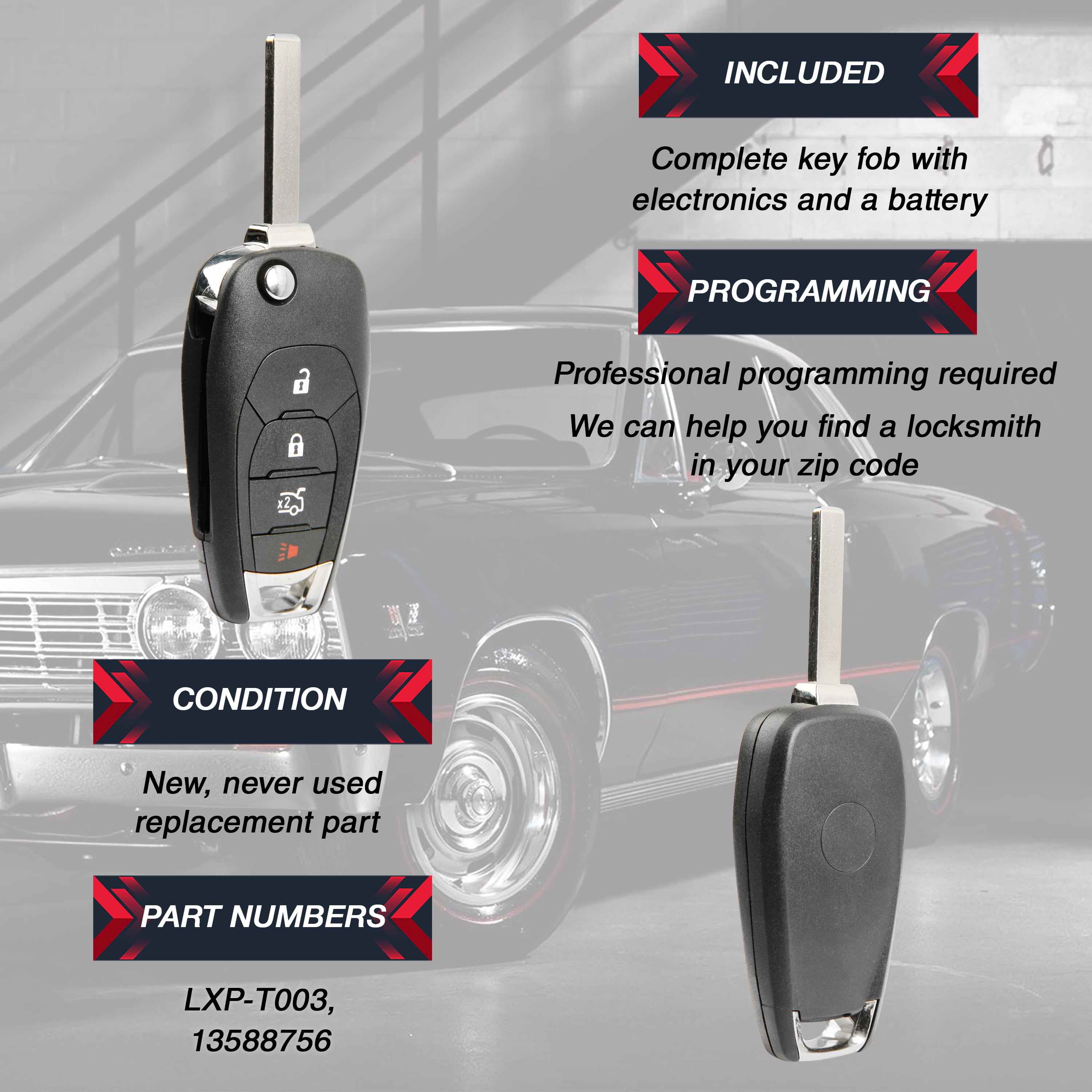 Keyless Entry Remote Key Fob Replacement 4-Button for 2016-2019 Chevrolet Cruze Sonic (LXP-T003, 13588756)