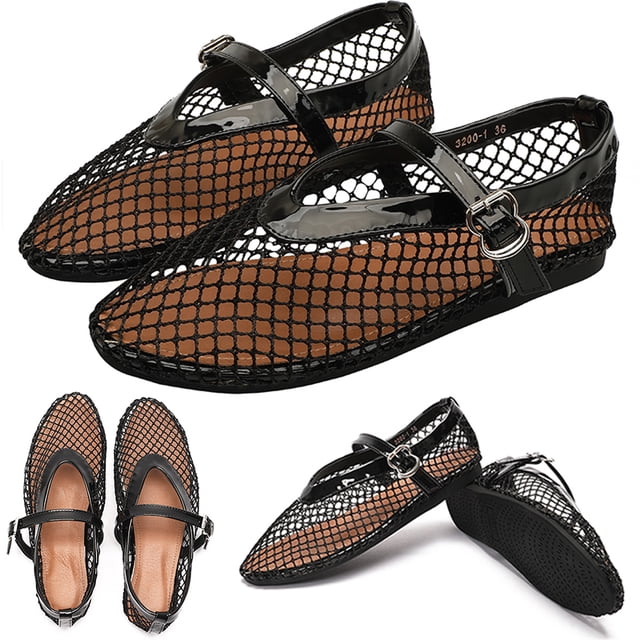 Zapatos ballet huecos malla pez con punta redonda para mujer zapatos planos con hebilla (malla negra 3200-1 38)