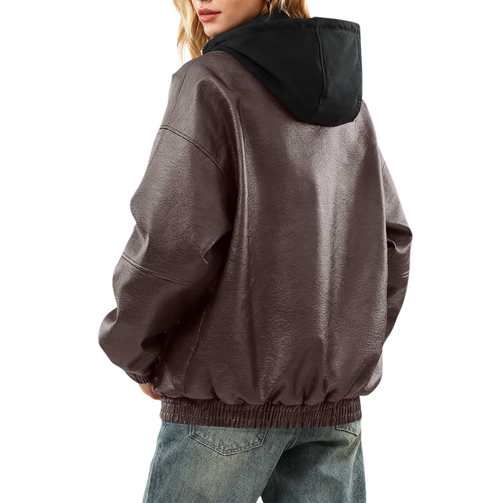 Uootdi Cropped Leather Jacket for Women Vintage Style Motorcycle Bomber Jacket Faux Leather Lapel Neck Zip Up Long Sleeve Coats Fall Going Out Jackets
