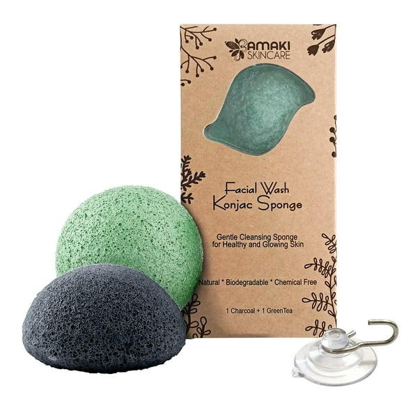 AMAKI SKINCARE Limpiador facial con esponja Konjac con té verde añadido y carbón de bambú activado, sensible a la piel grasa y propensa al acné, exfoliante facial suave, esponjas faciales para limpiar