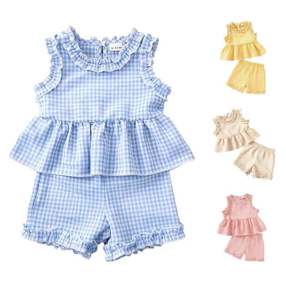 Krdevn Toddler Girls Gingham Ruffle 2 Piece Outfit Sleeveless Top and Shorts Set,12-18 Months