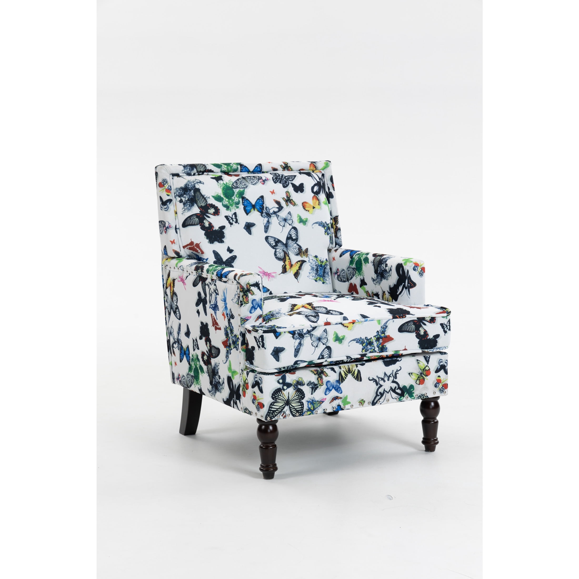 GDF Studio Zerra Vintage Upholstered Armchair with Solid Wood Legs & Nailhead Trim, Butterfly Accent Chair, White