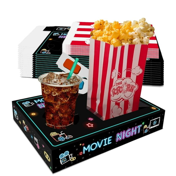 Movie Night Supplies(24pcs)-Neon Style Movie Night Snack Trays*12 Popcorn Buckets*12,Kid's Birthday Party,Game Night,Movie Night Snack Trays with Popcorn Bags. (Neon)
