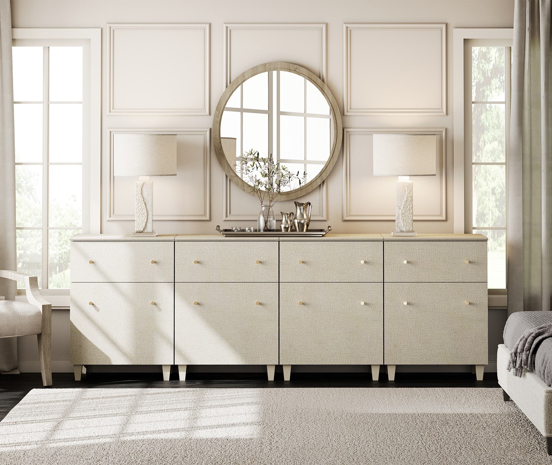 WAMPAT 4-in-1 Wood Dresser with 4 Drawers and 4 Cabinets for Bedroom, Modern Chest of Drawers, 94" Wide, Beige Linen Printed Finish