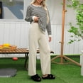 thumbnail image 2 of Knit Lounge Set for Women 2 Piece Striped Loungewear Sweater Cardigan and Wide Leg Pants Outfits Fall Casual Loose Suits (Beige Free Size), 2 of 4