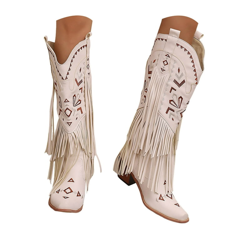 Leozcaa Cowboy Boots for Women Fringe Knee High Cowgirl Western