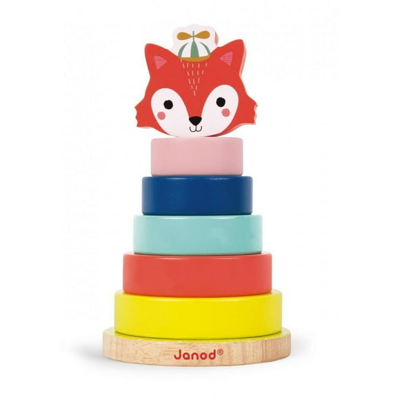 Janod Baby Forest Renard Empilable - Pyramide d'Éveil en Bois pour Tout-Petits, 7 Pcs Colorées - 12 Mois +