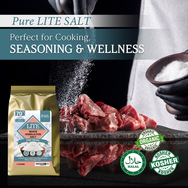 Pacific Pelican Iodized Lite White Himalayan Salt | 70% Less Sodium | Fine Grain, Unrefined, Pure Rock Salt, 100% Natural & Organic for Cooking, Seasoning & Wellness (1 LB) (Pack of 2)