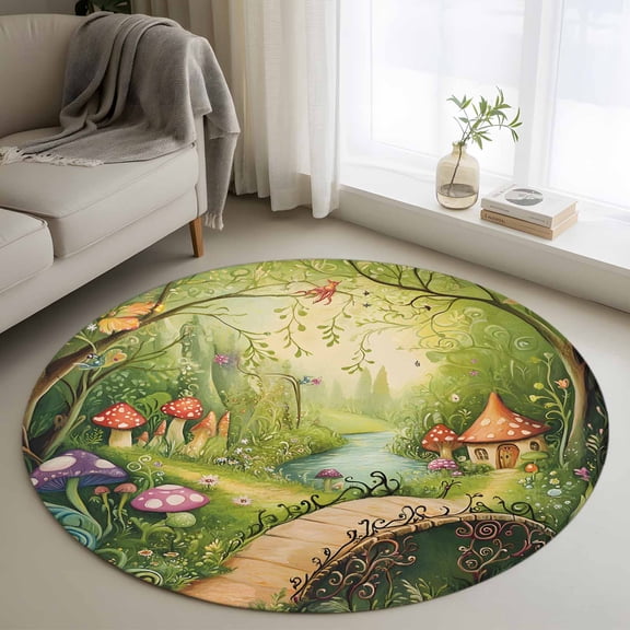 Round Rugs 3Ft, Mushroom Forest Round Area Rug Washable Indoor Throw Carpet, Green Fantasy Cottage Vintage Plant Lake Small Non Slip Circle Rug for Bedroom Living Room Home Decor Aesthetic