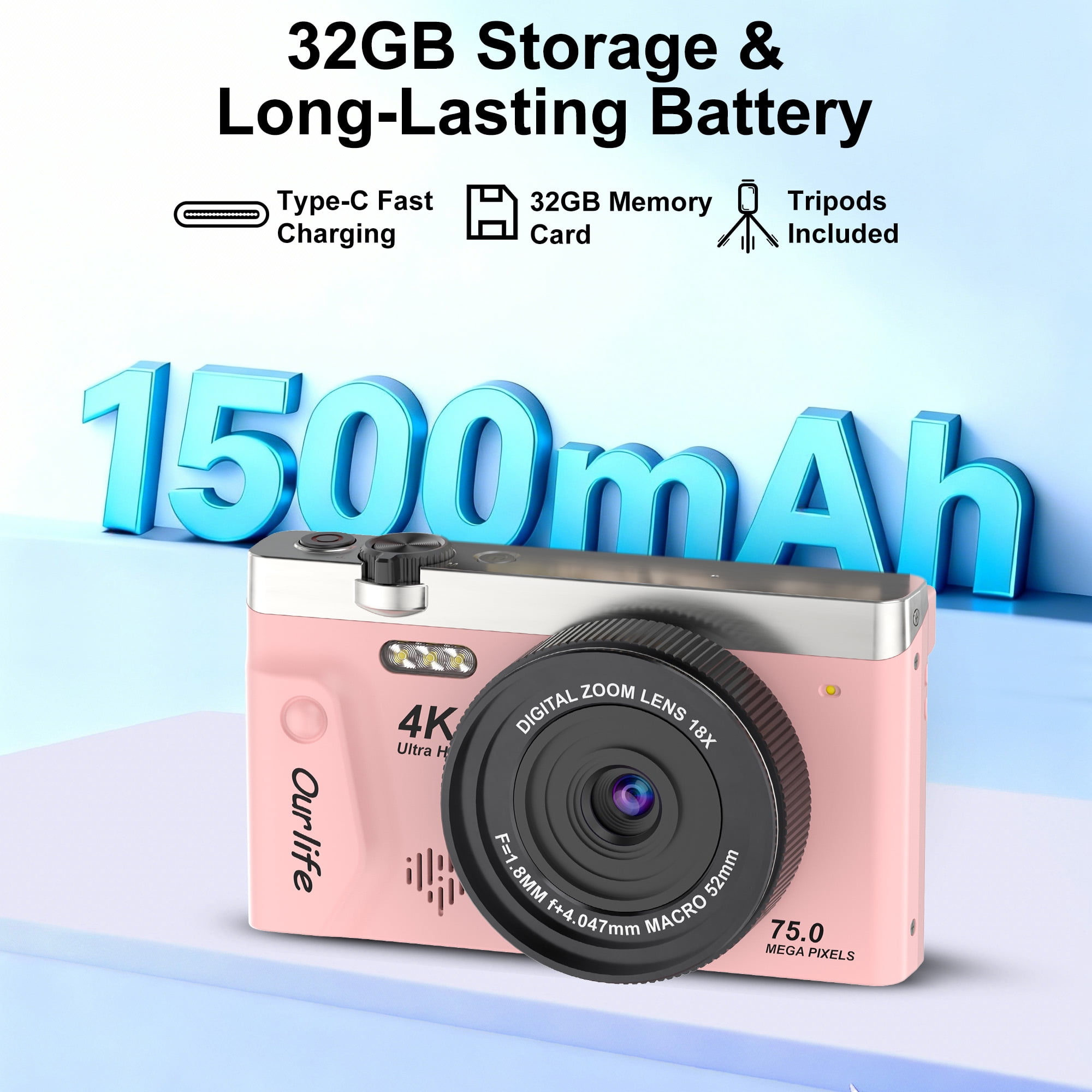 4K 75MP Digital Camera for Photography, Autofocus Vlogging Camera with 18X Zoom, 3" Flip Screen, Compact Travel Camera for Teens, 32GB Card & Selfie Tripod,Pink