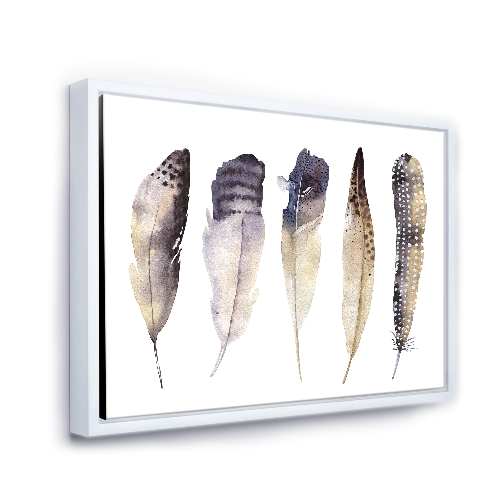 Designart 'Dark Gray Feathers Boho Ethnic II' Bohemian & Eclectic Framed Canvas Wall Art Print