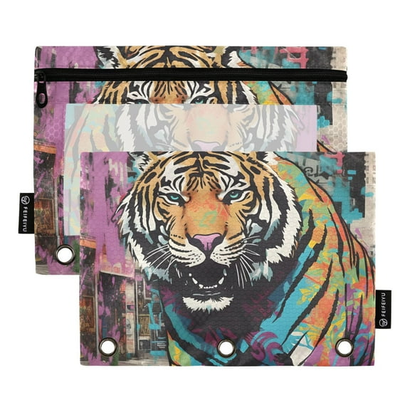 2 Pack Pencil Pouch for 3 Ring Binder Zipper Pencil Case Tiger Abstract Clear Window Pencil Bag Organizers