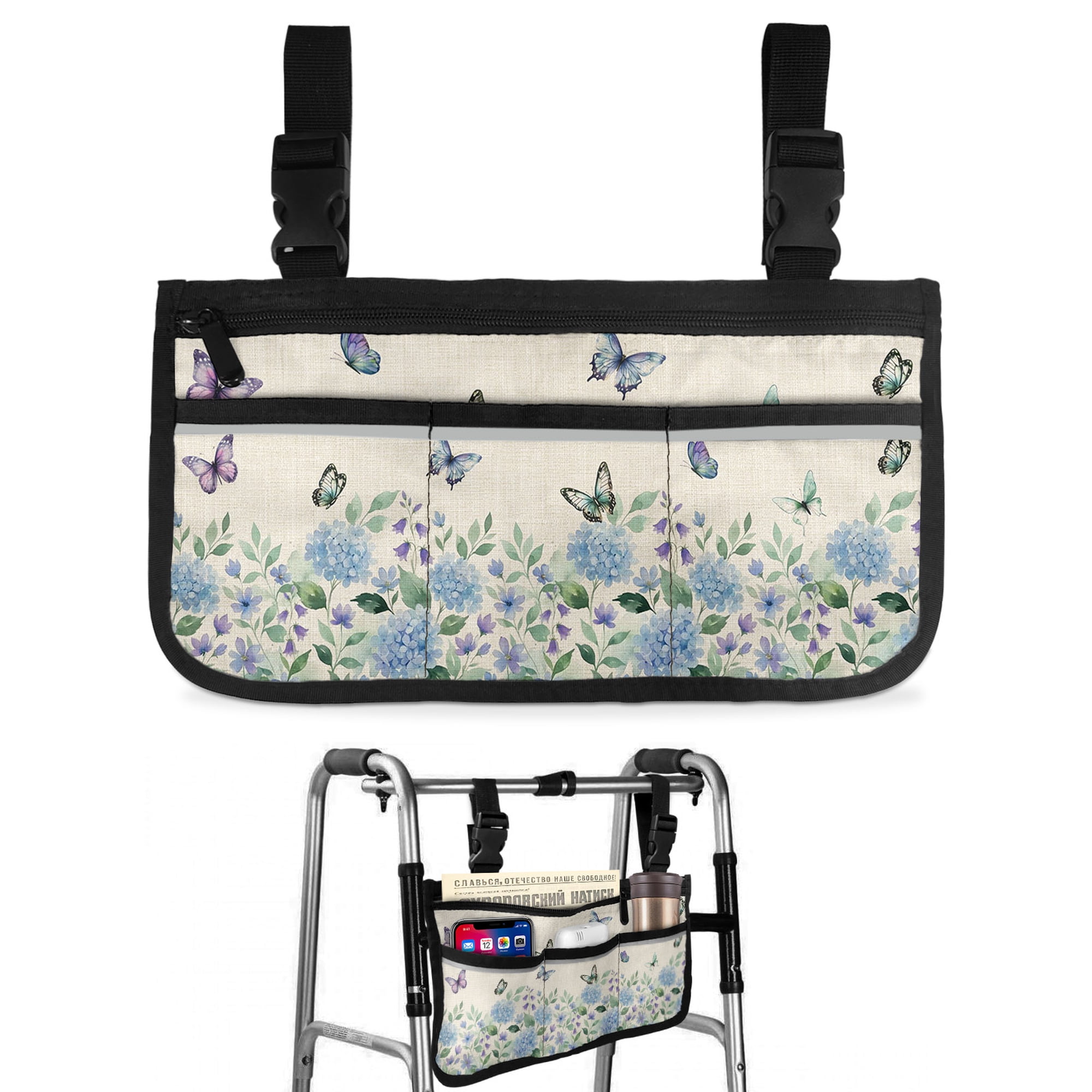Floral Butterfly Wheelchair Side Bag with Cup Holder, Watercolor Summer Blue Purple Floral Butterfly Linen Wheelchair Armrest Bag Storage Pouch Adults, Seniors for Walkers, Rollator, Scooter