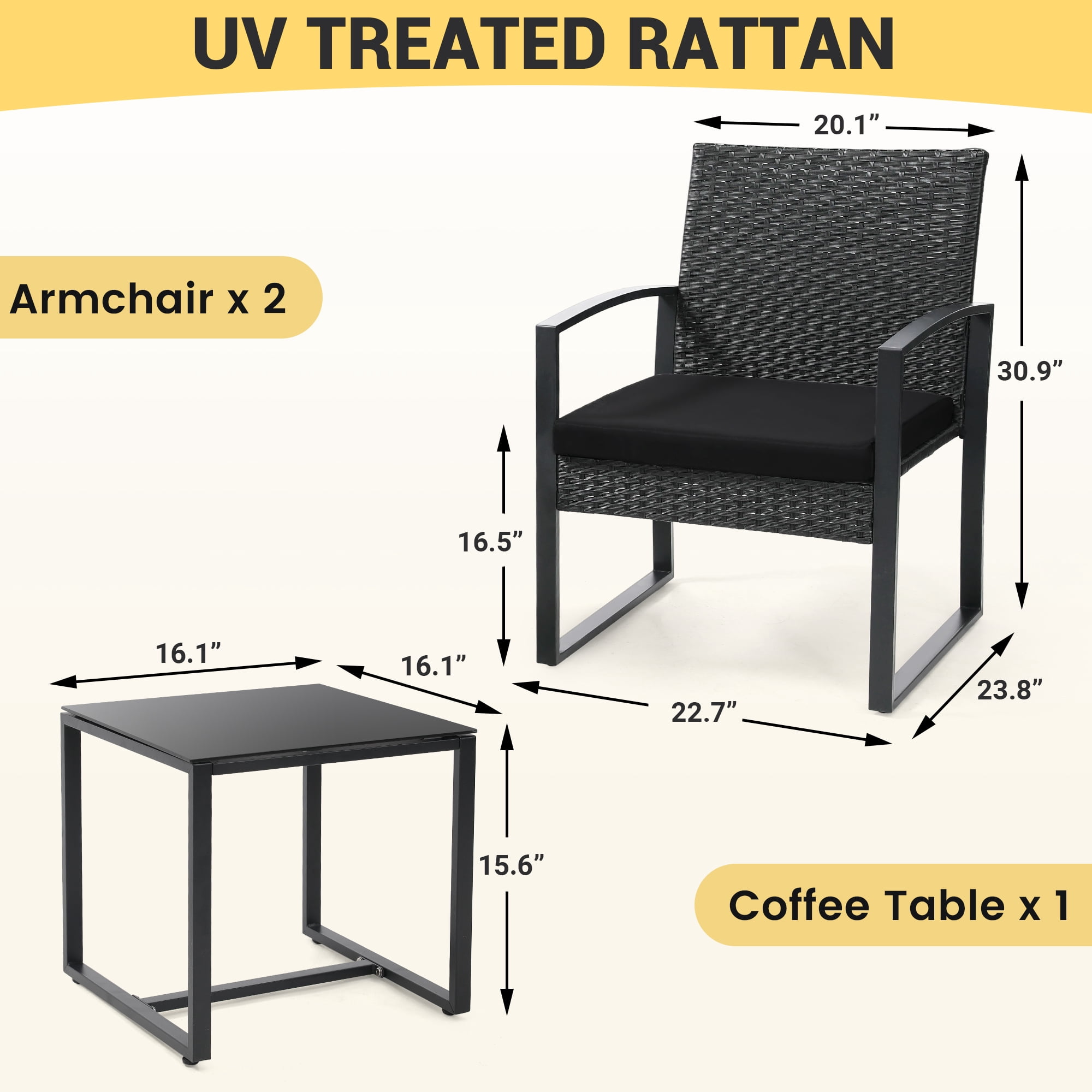 TUAREX 3-Piece Rattan Patio Furniture Set, All-Weather Wicker Bistro Set with Coffee Table and Cushioned Chairs for Garden, Yard, Balcony, Black
