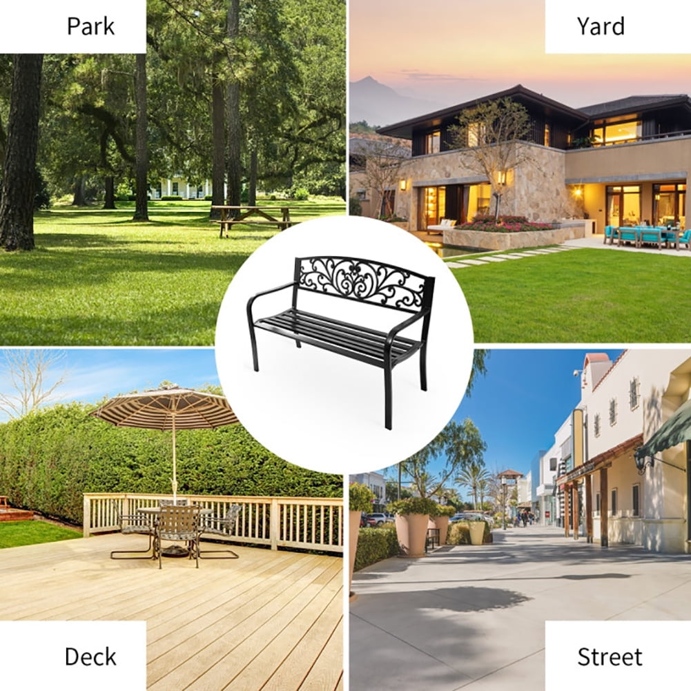 Aimee Lii 50 Inch Patio Park Steel Frame Cast Iron Backrest Bench Porch Chair, Outdoor Patio Furniture