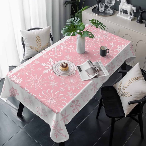 Snowflakes Christmas Table Cloth Waterproof Tablecloths, Pink Xmas Winter Vintage Tablecloth Dining Table Cover for Kitchen Party Tabletop Outdoor, Rectangle Tablecloth 54x108 Inch