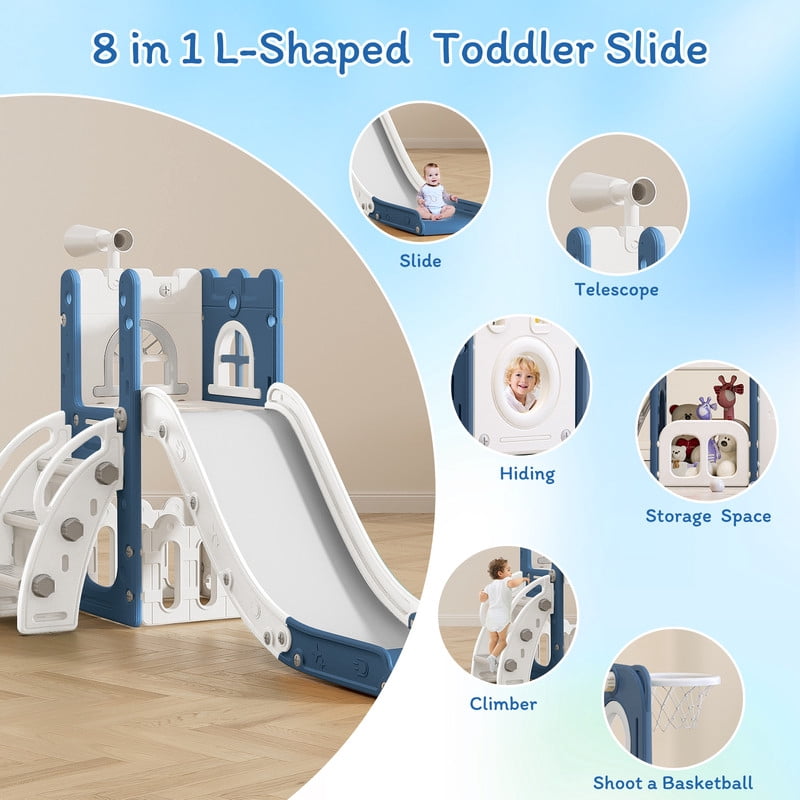6 in 1 Kids Indoor Slide for Toddlers 1-3,Blue,Baby Slide for Indoor Outdoor with Basketball Hoop and Telescope,L Shaped Slide