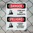 thumbnail image 5 of (2 Pack) Look Out For Forklifts Bilingual OSHA Danger Sign 10 Inch X 14 Inch Plastic Sign, Weather Resistant, UV Protected for Workplace, Business, and Construction Site, Made in the, 5 of 8