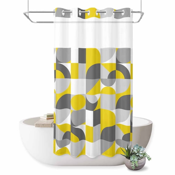Mid Century No Hook Shower Curtain Yellow Grey Abstract Retro Geometric Modern Shower Curtain with See Through Top Window, Waterproof Washable Fabric Curtain for Bathroom Hotel Decor, 36Wx72L