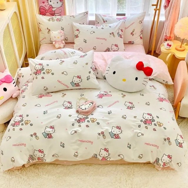 Sanrio Hello Kitty Bedding Set Cute Cotton Four Piece Double Queen Size Bed Linens Pillowcase Girl Dorm Bedclothes Home Textile