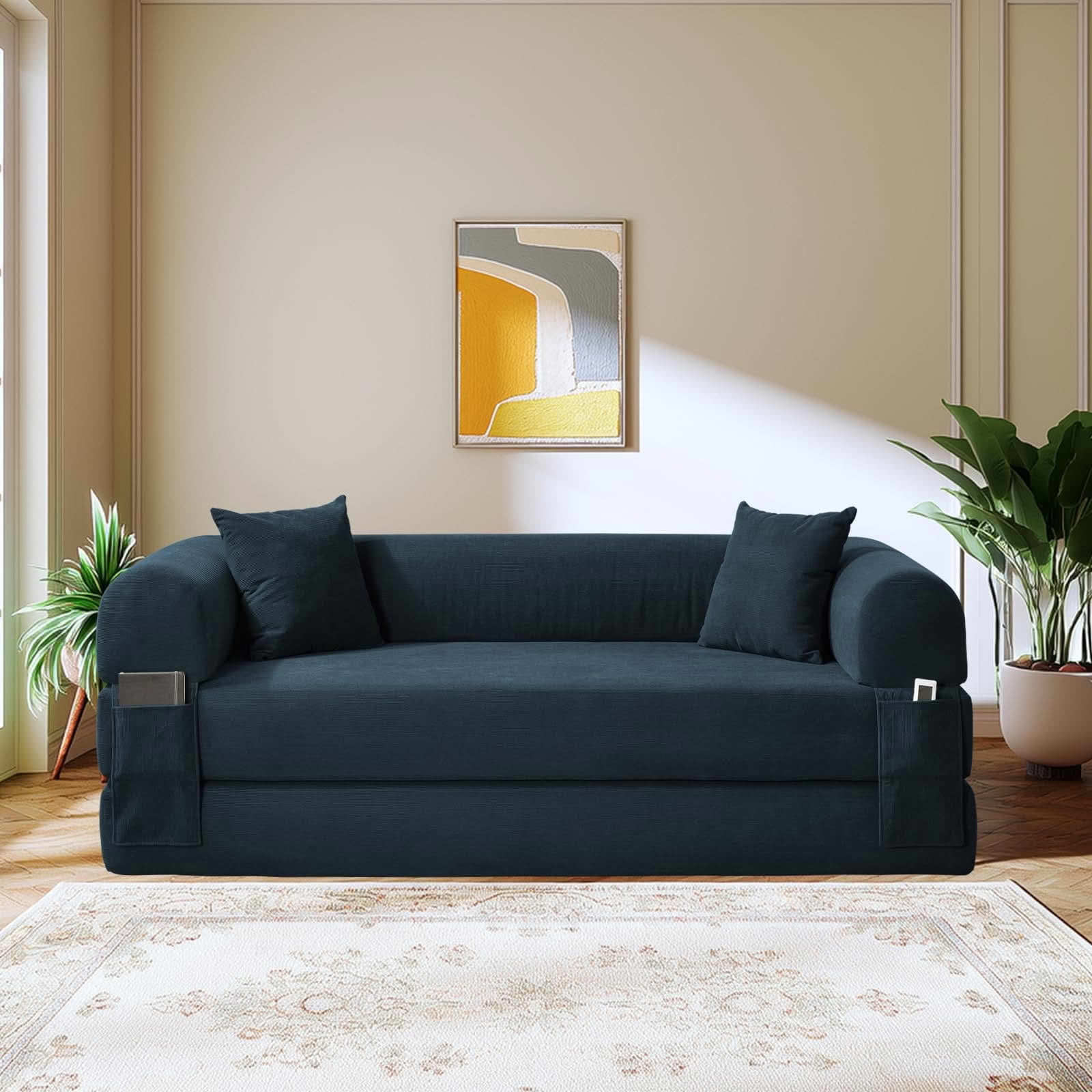 MAYEERTY 80" Navy Blue Corduroy Convertible Sofa Bed, 600lbs Queen Size Fold Out Sleeper Couch with Storage & No Assembly for Living Room