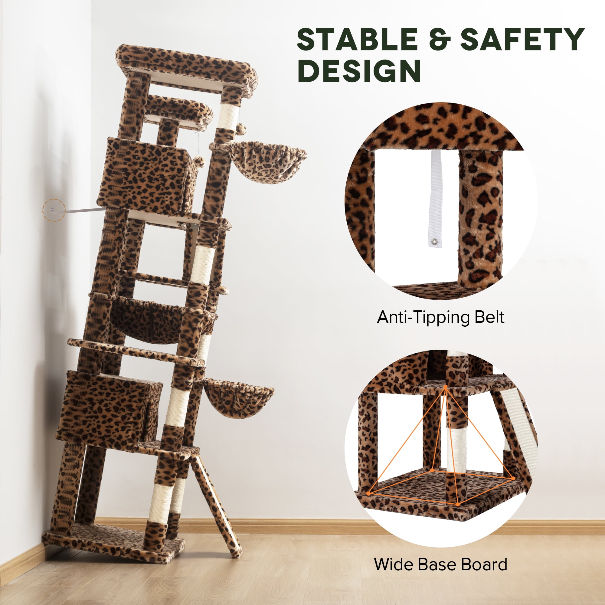 Einfach 81" Multi-Level Tall Cat Tree Tower, Larger Cat Condo with Hammock, Cozy Pussycat Perches, Sisal Scratching Posts, Leopard
