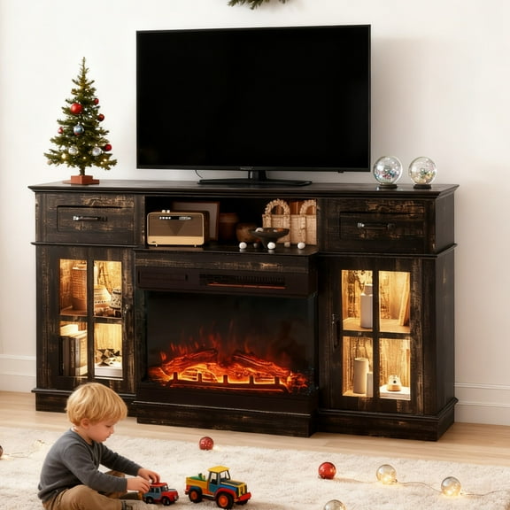Ktaxon Modern 70" TV Stand with Fireplace, Entertainment Center with 36in Heater for 55/60/65/70" TVs with 2 Doors, Drawers & Shelves, Black Oak