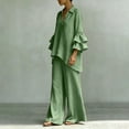 thumbnail image 4 of BRELIL Women Plus Size Two Piece Set V Neck Ruffle Sleeve Shirt Wide Leg Pants Casual Summer Loungewear Solid Boho Vacation Outfits Tracksuit Loose 2 Piece, Green XL, 4 of 5