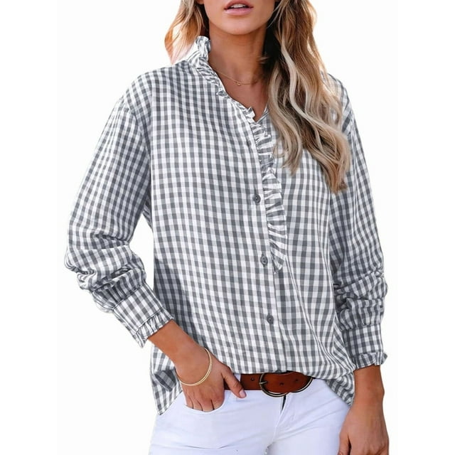 Women'S Plaid Ruffle V Neck Button Down Blouse Casual Long Sleeve Gingham Work Checkered Shirt Tops Gray L